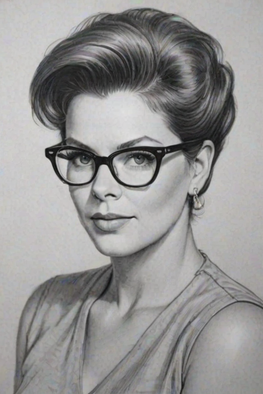 Attractive Marsha Gay Harden, pencil sketch, portrait of Comely woman 1959s in glasses, hair style beatnik, outline, clear lines, fine lines, 8k