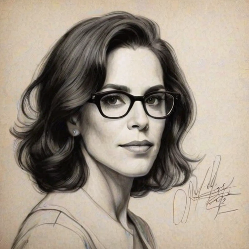 Exquisite Jami Gertz, pencil sketch, portrait of Pleasing woman 1925s in glasses, hair style beatnik, outline, clear lines, fine lines, 8k