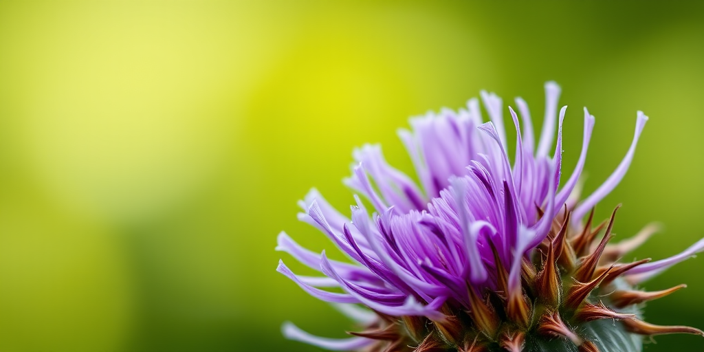 Capture a close-up shot of a thistle flower with vibrant purple blooms against a softly blurred green background, aperture f/2.8, shutter speed 1/200s, ISO 100, using a DSLR camera with a macro lens for enhanced detail and shallow depth of field.