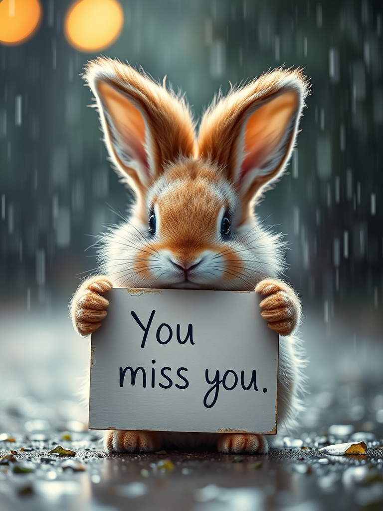 Cute fluffy bunny holding a "I miss you" sign in the rain, high-resolution, DSLR camera, 50mm lens, f/1.8 aperture, ISO 200, soft focus background, dramatic lighting with rain effects.