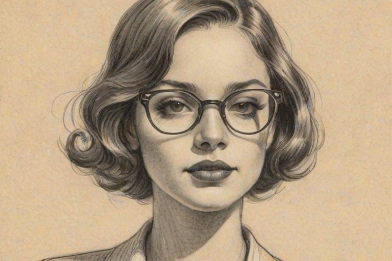 Enticing Summer Walker, pencil sketch, portrait of Superb woman 1927s in glasses, hair style beatnik, outline, clear lines, fine lines, 8k