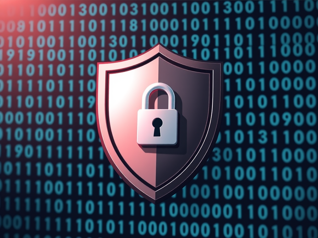 Create a digital illustration of a shield with a padlock in the center, featuring a binary code background, using a Canon EOS R camera with a 50mm lens at f/1.8, ISO 100, and a low angle view to emphasize depth and detail in the image.