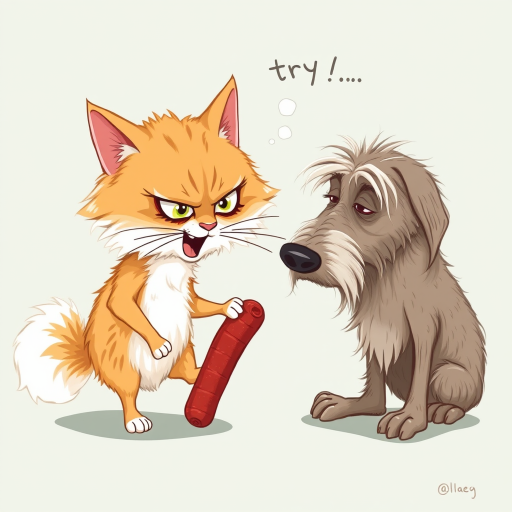 caricature of a silly whimsical fluffy cat with a mean look she has one foot on a sausage and is looking at an old scraggly big dog the cat has a thought bubble above her head that says “try,me"