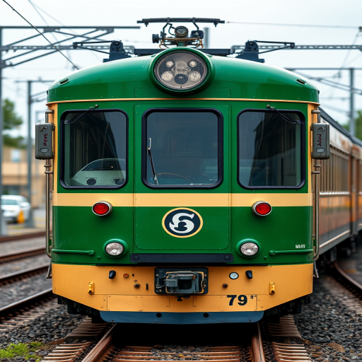 Create a detailed and vibrant digital illustration of a front view of a green and beige electric train, focusing on the locomotive's details, using a 50mm lens at f/8 for sharpness, ISO 100 for clarity, and a slight overcast lighting to enhance color saturation.