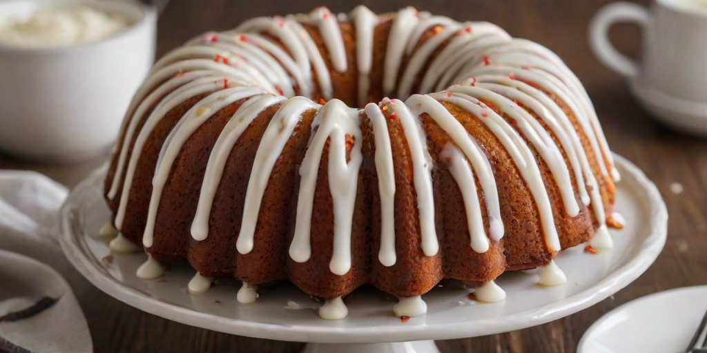 Generate an image of a delicious bundt cake with a smooth white icing drizzled on top. The cake should have a golden-brown color, with a moist texture and a light sprinkle of poppy seeds on the icing. It should be presented on a simple white plate, with a clean background that highlights the cake.