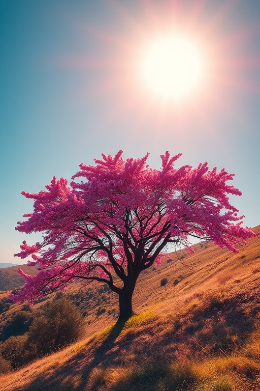 Regenerate a vibrant, stylized image of a flowering tree on a hill under a bright sun, using a Canon EOS R5 with a 50mm f/1.2 lens, aperture set to f/8, ISO 100, shoot in daylight with a soft focus background.