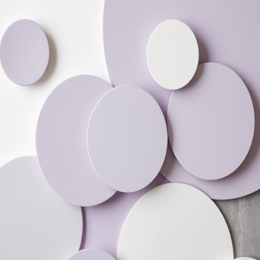 Create an abstract composition of overlapping circles in shades of gray, lavender, and white with textured patterns and soft gradients, using a Canon EOS R5 camera, 50mm lens, f/2.8 aperture, 1/125 shutter speed, and soft natural lighting for enhanced image quality.