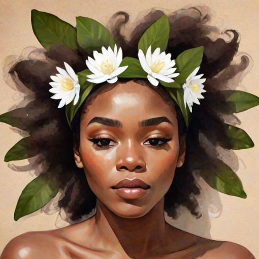 create a watercolor painting of an ethereal portrait of beautiful Igbo woman with a simple white flower crown on her head. Her hair is long and she is lying on the ground. The sunlight on the trees casts shadows from the leaves on her face and body. The background is a neutral brown color that matches her skin tone. The image is minimalist and solid colors. This style is characterized by soft, delicate brushstrokes and a light, airy, contrasting color palette. High level of detail and play of light