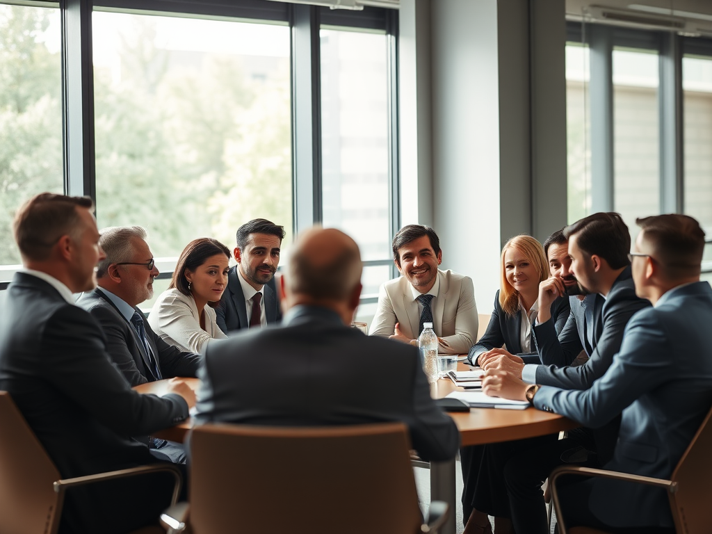 business meeting scene with a diverse group of professionals in formal attire around a conference table, intense discussion, soft natural lighting from large windows, shallow depth of field, 50mm lens, f/1.8, ISO 200, Canon DSLR