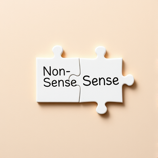 Create a high-resolution image of two puzzle pieces interlocking, one labeled "Non Sense" and the other "Sense," with a beige background and soft shadows, using a DSLR camera at f/4, ISO 100, with a 50mm lens, shot from a top-down view in natural light.