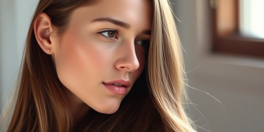 Portrait of a woman with long hair, softly illuminated by natural light, side profile view, aperture f/1.8, ISO 100, shutter speed 1/200s, taken with a DSLR camera using a 50mm lens.