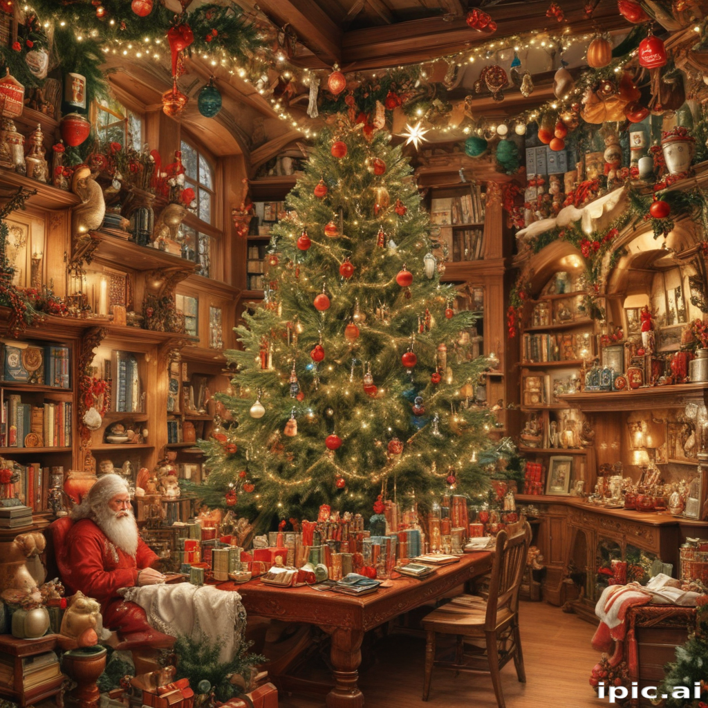 Cozy Christmas Scene with Santa, a Beautifully Decorated Tree, and Gifts