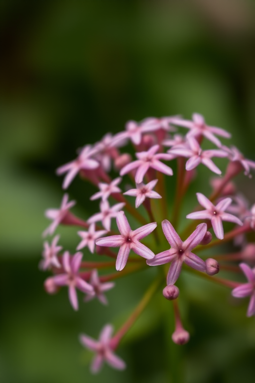 Close-up shot of pink star-shaped flowers on a blurred green background, captured with a DSLR camera using a 50mm lens at f/2.8, ISO 100, shutter speed 1/200 sec, soft natural lighting.