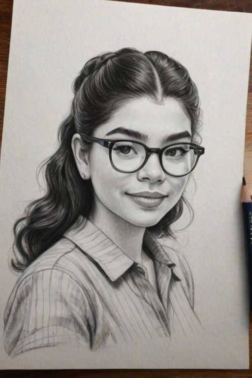 Superb Auli'i Cravalho, pencil sketch, portrait of Fascinating woman 1923s in glasses, hair style beatnik, outline, clear lines, fine lines, 8k