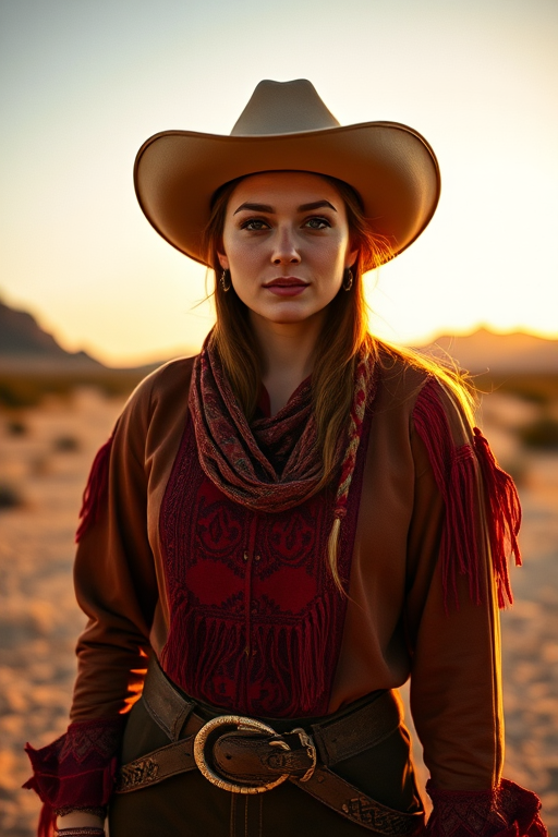 Dramatic photo of a beautiful Circassian woman, classic cowboy attire, confident and free spirit expression, half-length portrait, centered, golden hour desert landscape, warm, diffused light, low angle, medium format film camera, in style of Annie Leibovitz.