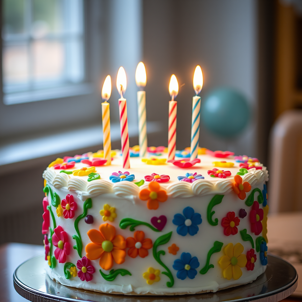 A beautifully decorated birthday cake with colorful icing and flowers, featuring seven lit candles on top, shot with a Canon EOS R5, f/2.8 aperture, 50mm lens, in natural lighting from a soft window source, with a slight bokeh effect to enhance the focus on the cake.