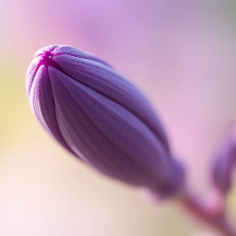 macro shot of a purple flower bud with fine details and soft background, f/2.8 aperture, 100mm lens, ISO 200, low angle view, soft natural light, DSLR camera