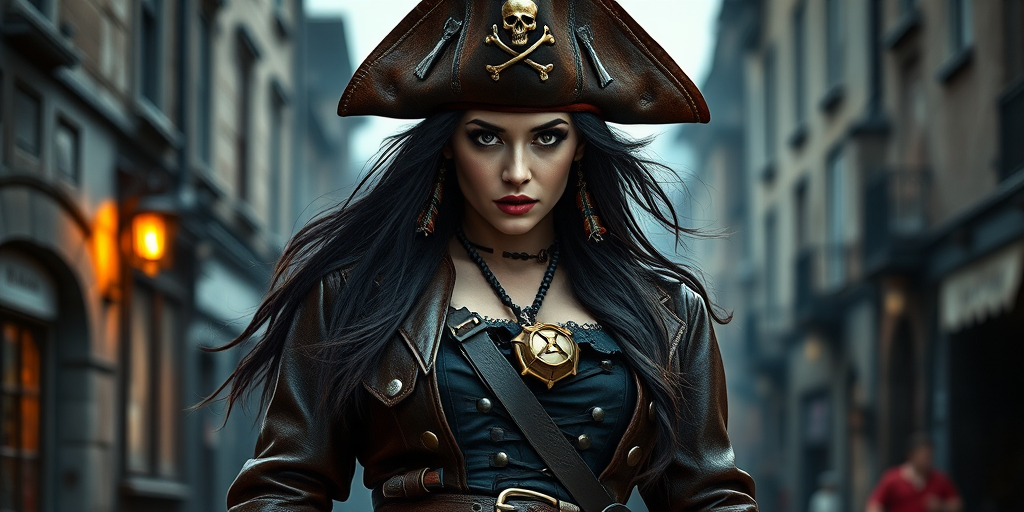 Create a portrait of a fierce female pirate. She wears a leather tricorn hat adorned with a skull and crossbones emblem, and her long, dark hair flows around her face. Her outfit consists of a richly detailed leather jacket, a corset, and multiple layers of belts and accessories, giving her a formidable and stylish appearance. She stands confidently in a dimly lit, historic port town, with a backdrop of weathered buildings and cobblestone streets, capturing the adventurous spirit of a pirate.