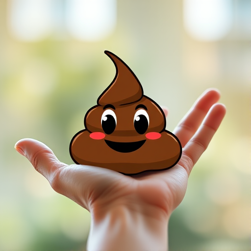 Create a high-resolution cartoon image of a stylized poop emoji sitting in the center of an artistic hand outline, using a DSLR camera with a 50mm lens, aperture f/1.8 for a blurred background, and a natural light setting to enhance colors and details.