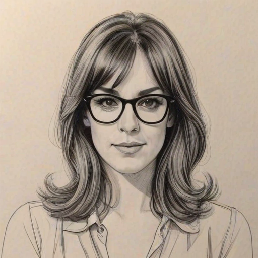 Enticing Lindsay Sloane, pencil sketch, portrait of Radiant woman 1976s in glasses, hair style beatnik, outline, clear lines, fine lines, 8k