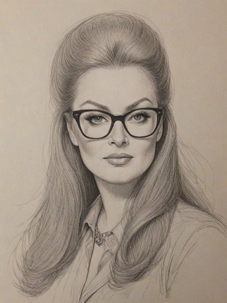 Elegant Wynonna Judd, pencil sketch, portrait of Bewitching woman 1961s in glasses, hair style beatnik, outline, clear lines, fine lines, 8k