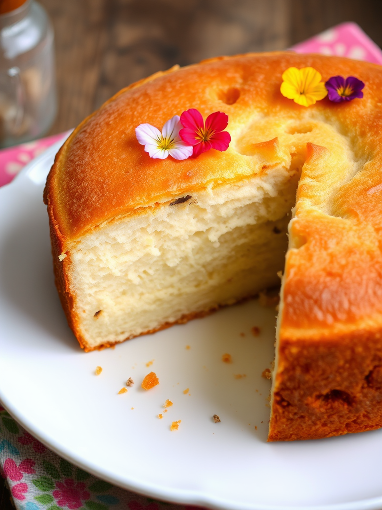 A beautifully baked fluffy cake with a golden brown crust partially sliced showing its soft interior decorated with edible flowers on a white plate with a colorful napkin underneath.