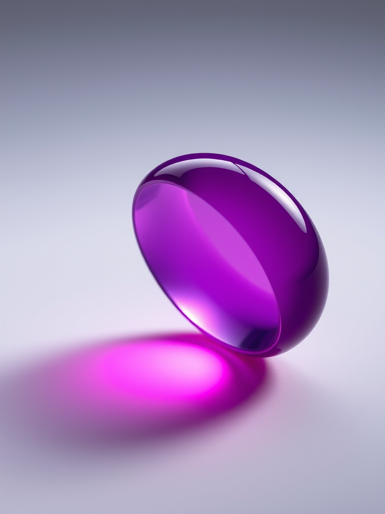 Create a vibrant, glossy purple pill-shaped object with smooth gradients, captured in a studio setting using a Canon EOS R5, 50mm lens, f/1.8 aperture, ISO 100, 1/200 sec shutter speed, soft diffused lighting for enhanced reflections and details.