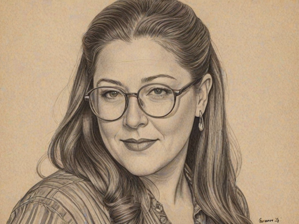 Bewitching Camryn Manheim, pencil sketch, portrait of Beauteous woman 1943s in glasses, hair style beatnik, outline, clear lines, fine lines, 8k