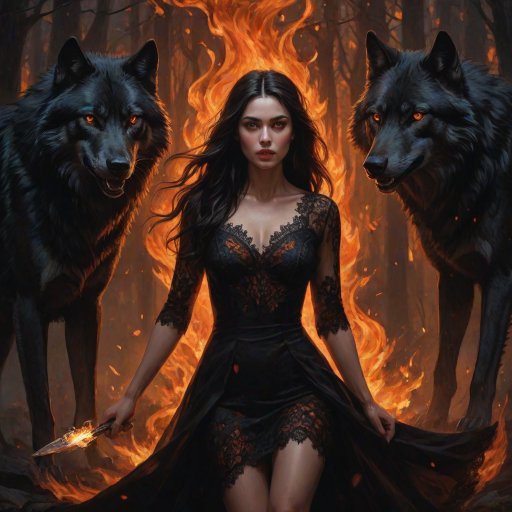 A woman with long dark hair, wearing a black lace dress that seamlessly blends into her skin with intricate floral patterns. She is in the foreground, with a black wolf beside her; its fur is midnight black, and it has glowing, intense, orange eyes that match hers. Her eyes are partially closed with burning embers above them, giving a fiery and mystical aura. The background is engulfed in tall, roaring flames, contributing to an overall dark and supernatural atmosphere. The colors are intense, predominantly black, fiery orange, and deep reds, with sharp contrast highlighting the mysterious and fierce theme. The flames are bright and dynamic, casting dramatic light and shadow, illuminating the woman and wolf while leaving parts in near darkness. The image evokes a sense of otherworldly power and connection between the woman and the wolf.