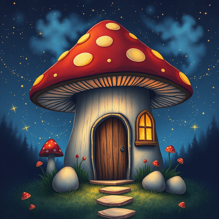 imagine illustration of a mushroom house with a door and a window, a storybook , fantasy art, mushroom house, bg starry sky, sparkles