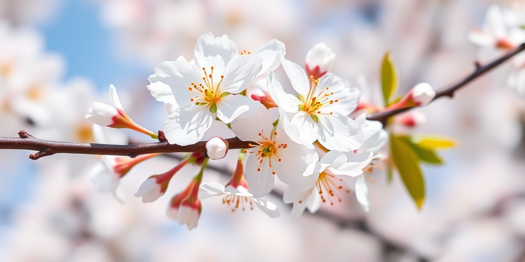 Create a high-resolution illustration of a cherry blossom branch with delicate white flowers, using a macro lens with an aperture of f/2.8, ISO 100, and a shutter speed of 1/200s, in a natural light setting.