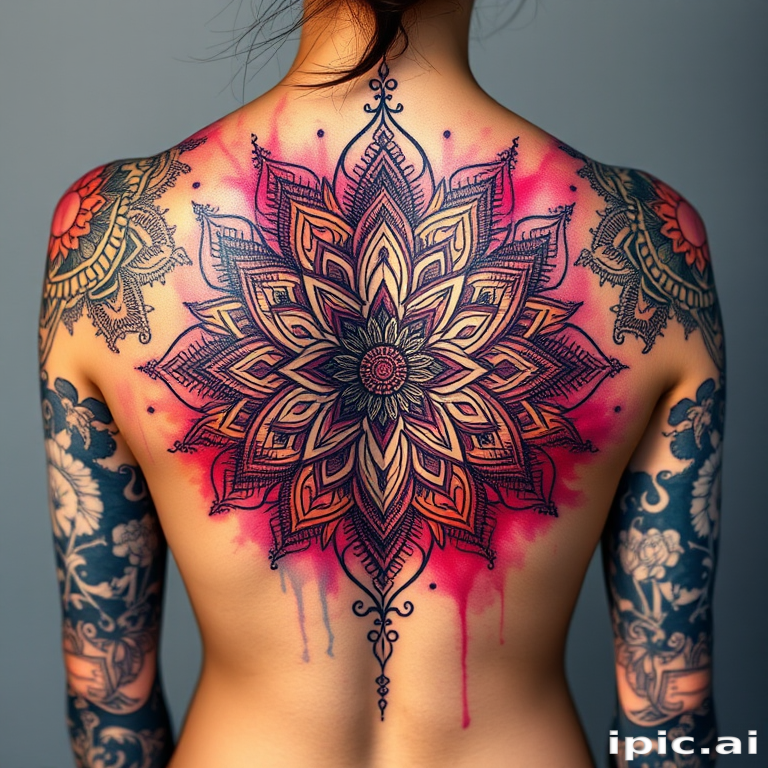 Stunning body tattoo featuring intricate mandala patterns in vibrant watercolor hues, adorning the upper back and shoulders with delicate shading and ethereal wisps