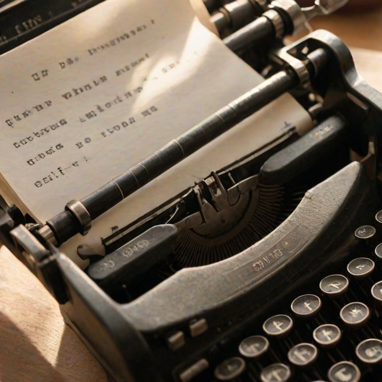 Close-up of an old typewriter, a sheet of paper midway through with the first few typed words visible, soft sunlight illuminating the worn keys and a half-empty cup of coffee nearby.