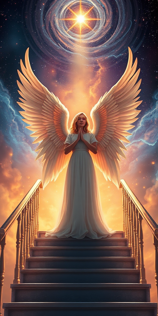 Create a high-resolution digital painting of an angel with majestic wings standing on a staircase amidst a celestial backdrop with swirling galaxies and ethereal light, using a Canon EOS R5, 50mm lens, f/1.8 aperture, ISO 100, at golden hour for dramatic lighting.