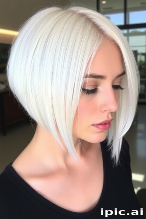 Sleek platinum blonde bob known as "Arctic Whisper" boasts razor-sharp edges and a glass-like shine, accented with delicate ice-blue lowlights for added dimension