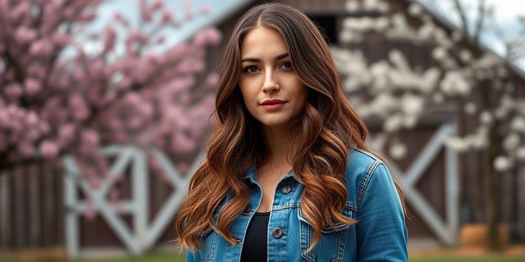 Portrait of a woman with long, wavy hair wearing a denim jacket, standing outdoors in front of a barn and cherry blossom trees, shot with a Canon EOS R5, 50mm lens, aperture f/1.8, ISO 100, in natural light, soft-focus background for depth.