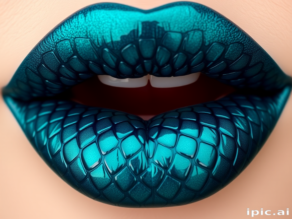 Deep teal lips with "Mermaid's Tail" style, featuring a glossy finish and iridescent scales-like pattern, creating a mesmerizing and mythical appearance