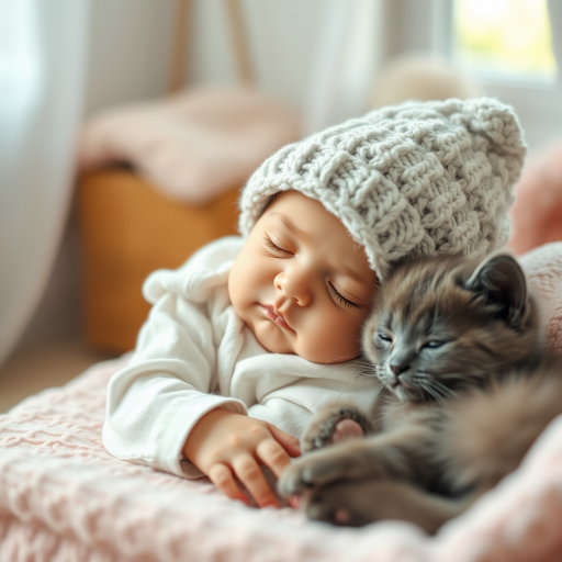 A serene scene of a peaceful sleeping baby in a cozy room, with a soft-focus background showcasing pastel colors, the baby wearing a knitted hat, nestled close to a fluffy gray kitten, natural light coming through a window, shot with a Canon EOS R5, 50mm lens, f/1.8, ISO 100, soft and dreamy style, focus on the subjects with a slight bokeh effect.