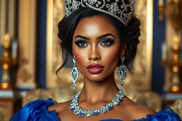 A gorgeous Samoan woman in a luxurious blue gown, accessorized with a dazzling tiara and statement earrings, her deep blue eyes highlighted by impeccable makeup, poised in a royal setting, photorealistic, 8K quality