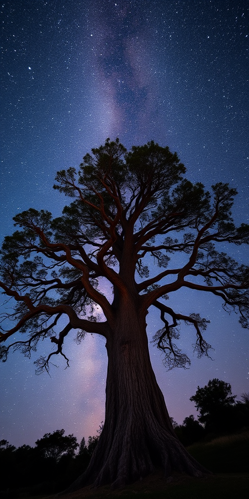 A majestic tree under a starry night sky with the Milky Way overhead, taken with a Canon EOS R5, 24mm lens, f/2.8 aperture, ISO 1600, 30-second exposure, wide-angle view, low angle, rich colors and high contrast.