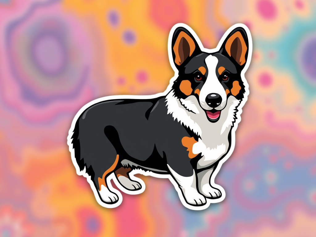 this image is sticker, 3D black and white cardigan welsh corgi, colorful background