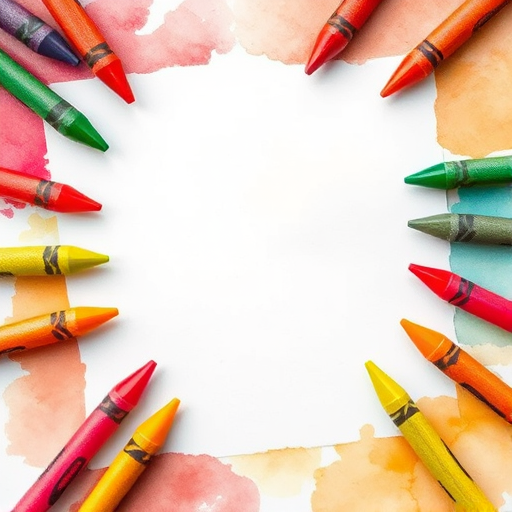 Create a vibrant illustration featuring a blank white paper in the center, surrounded by colorful crayons in red, green, yellow, and orange at the corners, with a soft watercolor background; camera settings: aperture f/8, ISO 100, shutter speed 1/125s; camera view: overhead; camera style: macro; camera type: DSLR.