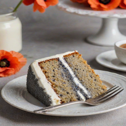 Generate an image of a slice of moist poppy seed cake topped with a smooth layer of creamy white frosting on a decorative plate with a fork beside it. The background should be soft and inviting, enhancing the dessert's appeal.