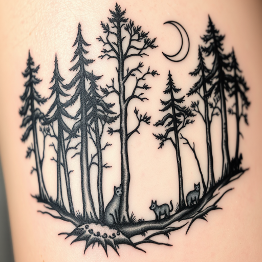 Intricate blackwork tattoo depicting a mystical forest scene with towering trees, hidden animals, and a crescent moon, featuring bold linework and dotwork shading to create depth and texture on pale skin