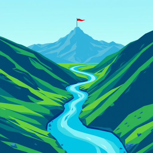 Create a vibrant digital illustration of a winding river leading to a mountain peak with a flag at the top, utilizing a color palette of bright blues and greens, in a flat design style; camera settings: f/8, ISO 100, 1/250 sec, view: aerial perspective, style: minimalist, type: digital art.