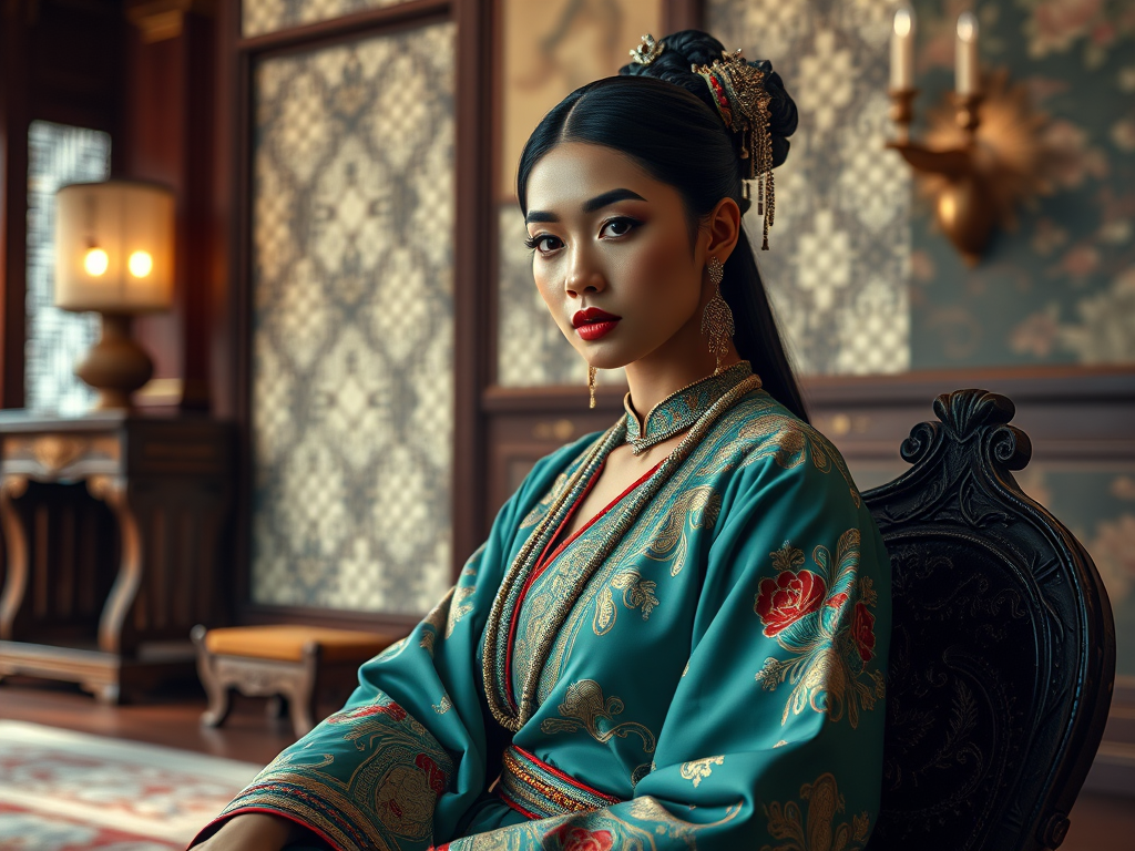 A beautiful Nubian woman in traditional East Asian attire, intricately detailed with embroidered patterns, sitting gracefully in a richly decorated room, soft ambient lighting, serene and elegant, ultra-realistic, 8K resolution