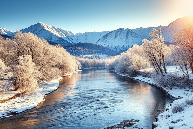 A picturesque winter landscape featuring snow-covered mountains in the background, a serene river with clear reflections, frosted trees lining the banks, and soft, warm sunlight illuminating the scene, captured with a DSLR camera at f/8 aperture, 1/125 shutter speed, 50mm lens, in a wide-angle view, HDR style, with vibrant colors and enhanced details.