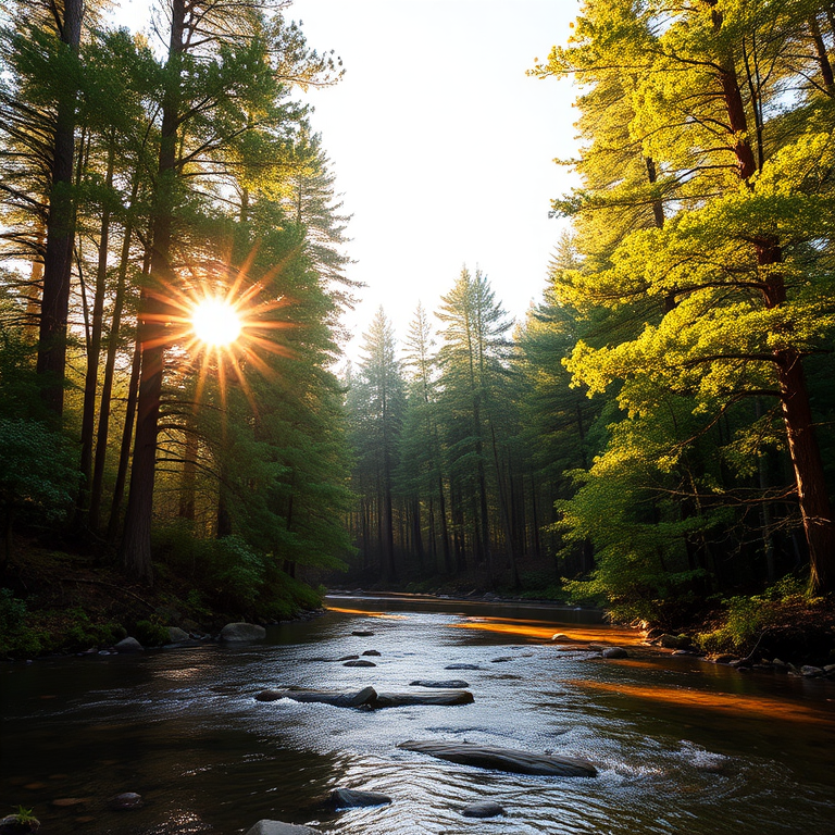 Create an image of a serene, sunlit forest scene with a clear, gently flowing river. Tall trees with lush green foliage line both sides of the river, their leaves bathed in the warm golden light of the setting or rising sun. The sunlight filters through the trees, casting soft, dappled light on the river, which flows over smooth rocks and pebbles, creating a peaceful, natural atmosphere. The sky is bright with a few scattered clouds, and the overall mood is tranquil, evoking a deep sense of connection with nature. The image captures the beauty of a calm, pristine forest landscape at either dawn or dusk.