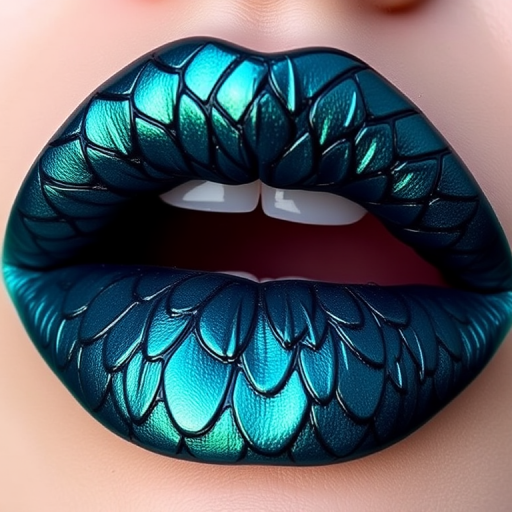 Deep teal lips with "Mermaid's Tail" style, featuring a glossy finish and iridescent scales-like pattern, creating a mesmerizing and mythical appearance
