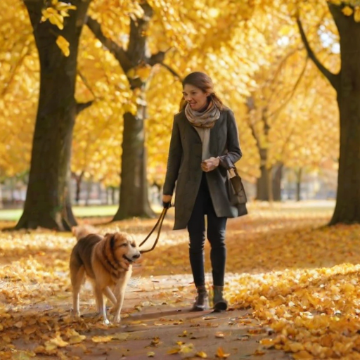 Bright autumn day in a park, the ground covered in golden leaves, a woman walking her dog, the two of them enjoying the crisp, cool air.